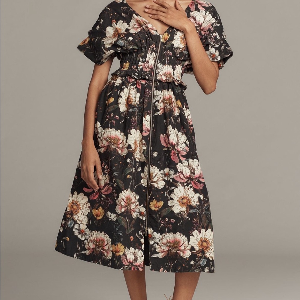 Anthropologie Black Floral Midi Dress XS NWT